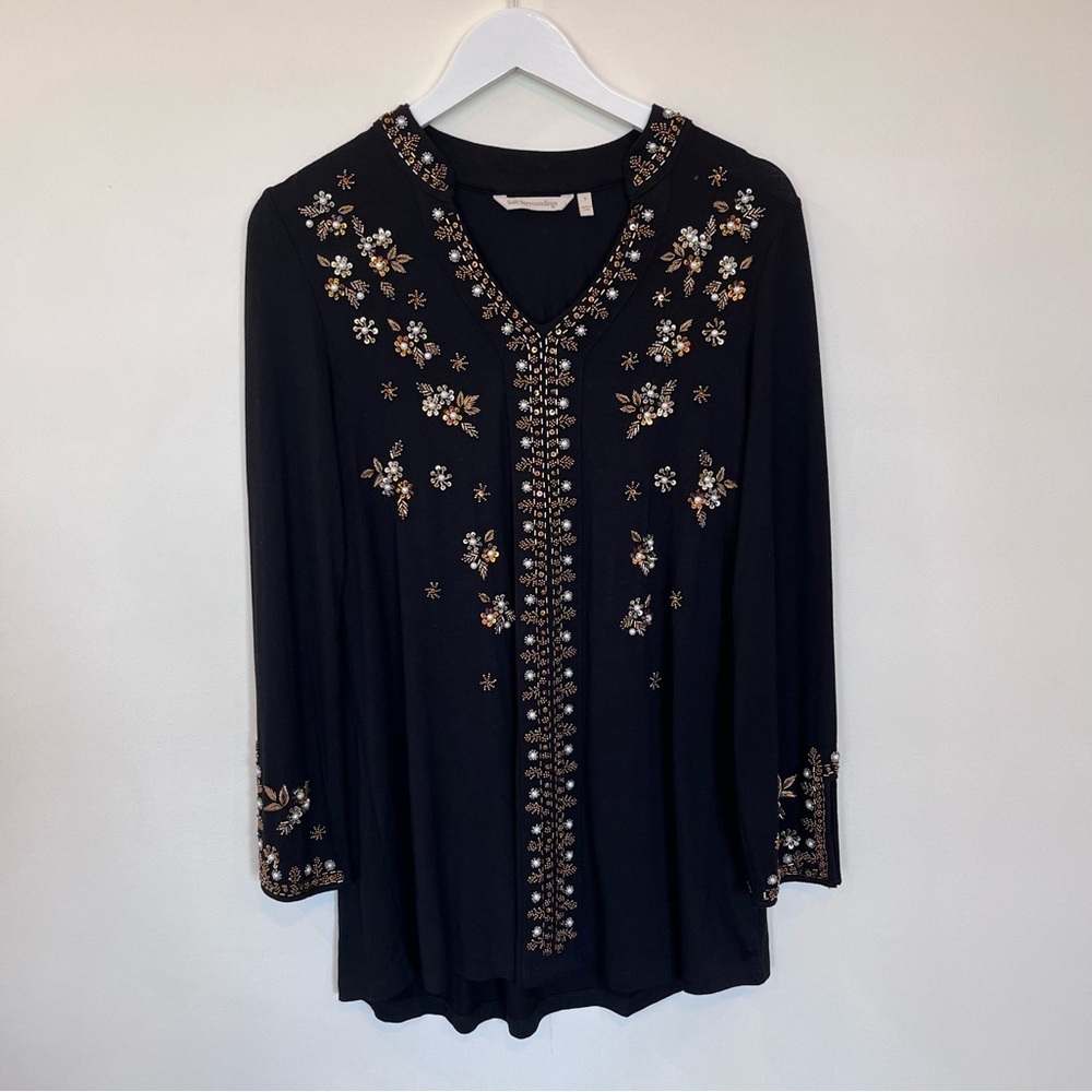 Soft Surroundings Festa Tunic Top Womens S Black Beaded Cocktail Party Holiday
